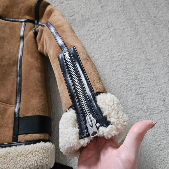AllSaints Rei Shearling Suede Leather Moto Jacket Size Small in Sand Brown/Ecru - Picture 11 of 11